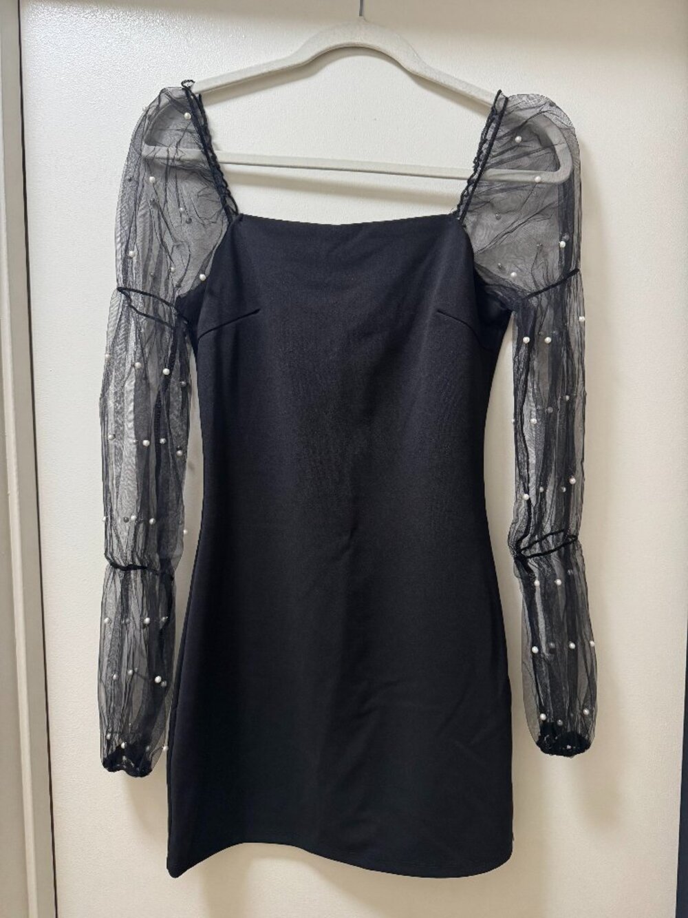 Small Black Dress, Sheer Arms, Pearl Accents